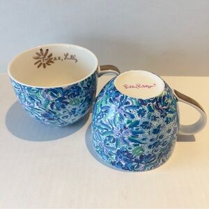 Lilly Pulitzer Coffee Tea Mugs “Lion Around" Blue  Floral Gold Trim Cups Set 2